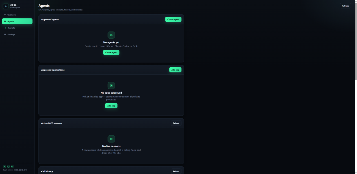 CTRL host Agents page to create an agent and approve apps