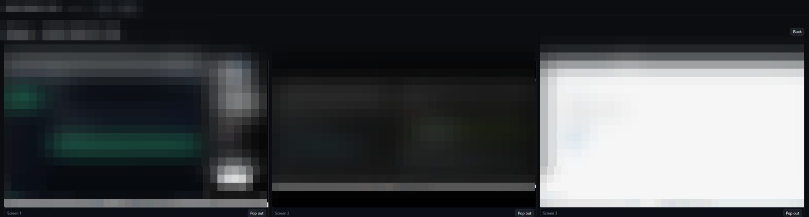 Three screen tiles. Live pictures are blurred.