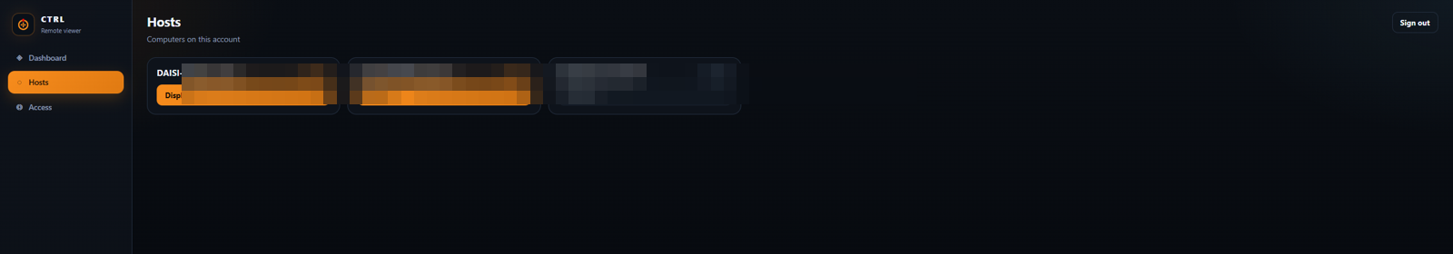 Hosts page with online and offline computers. Names are hidden.